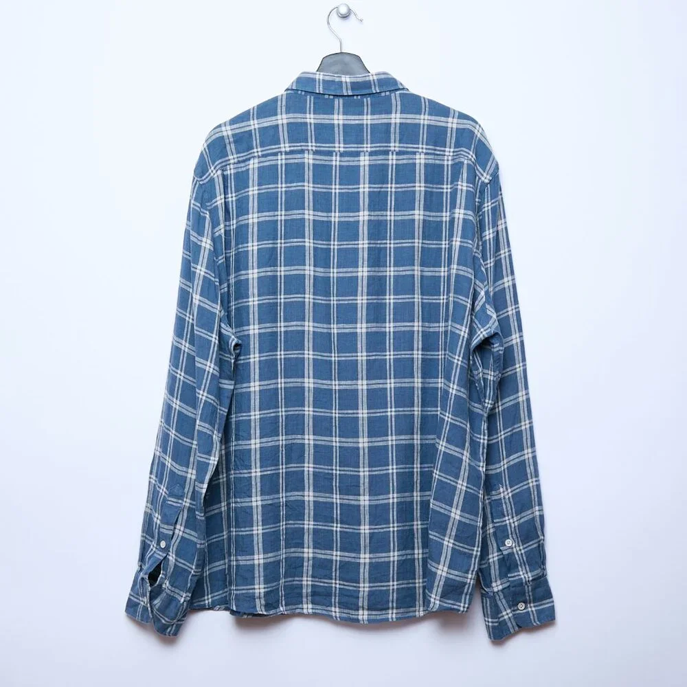 Faherty Laguna 100% Linen Nightfall Plaid Button Down Blue Shirt XXL